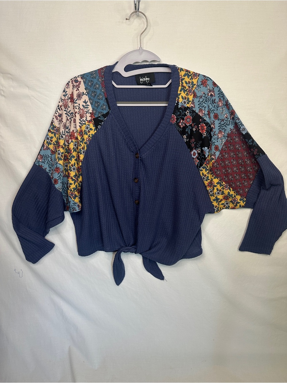 by & by Navy Patchwork Floral Tie-Front Top